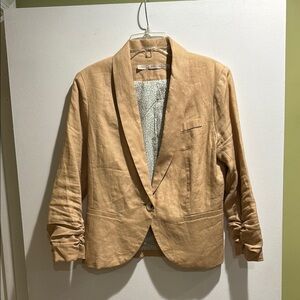 Gibson Tan Blazer with Notched Lapels and Ruched Sleeves